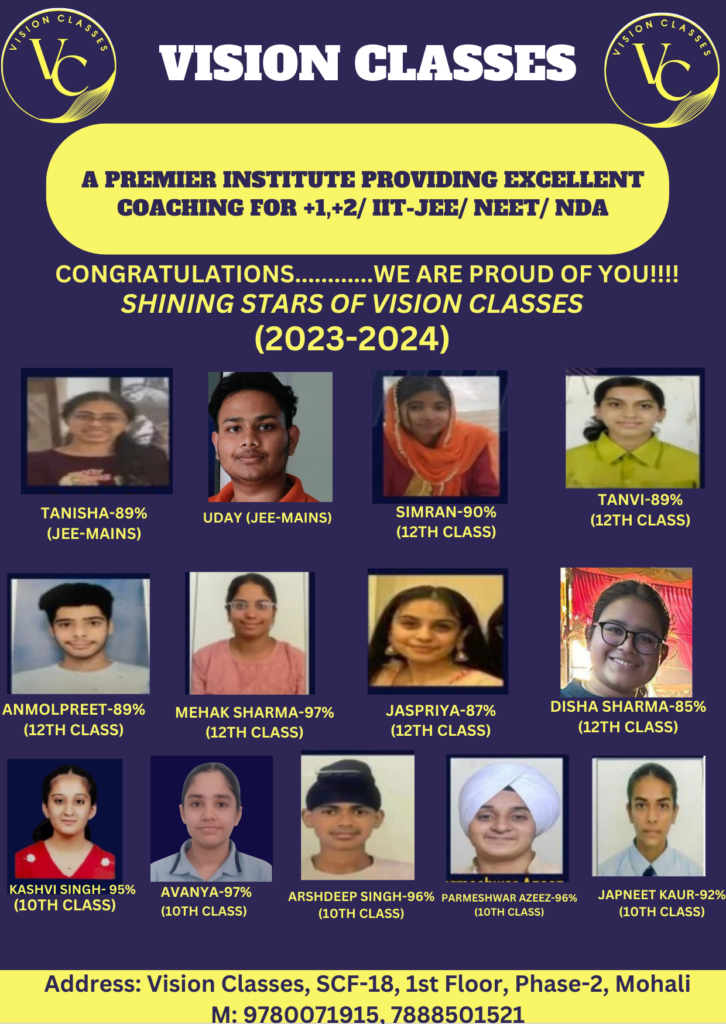 Top-performing students of Vision Classes Institute celebrating success in the 2023–2024 academic session.