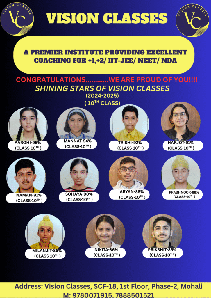 Class 10th students of Vision Classes Institute celebrating their outstanding results for the 2024–2025 session.